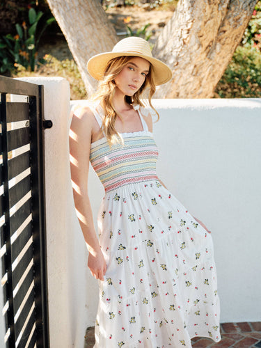 EMBRODIERED SMOCKED BODICE FLORAL DRESS